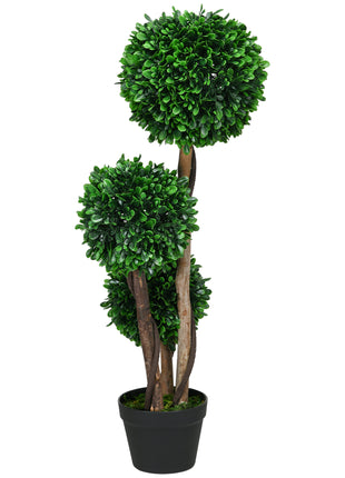 3ft Artificial Tree, Triple Ball Boxwood Topiary with Pot and Sandalwood Leaves, for Indoor Outdoor Home