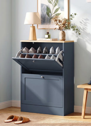 Slim Shoe Storage Cabinet, Modern Shoe Cabinet with 2 Flip Drawers and Adjustable Shelves for 8-12 Pairs, Blue