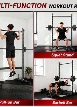 Squat Rack with Pull Up Bar and Barbell Bar Adjustable Bench Press Multi-Function Weight Lifting Half Rack Black