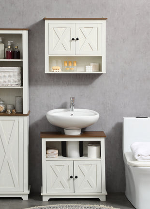Modern Farmhouse Bathroom Sink Cabinet, Pedestal Sink Storage Cabinet with Double Doors and Shelves, White
