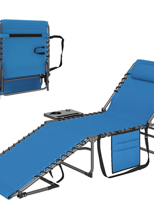 Folding Outdoor Chaise Lounge Chair Tanning Chair with 5-Level Adjustable Back, Side Table, Pillow, Pocket, Blue