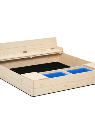 Kids Wooden Sandbox w/ Two Plastic Boxes Foldable Bench Seat Waterproof Cover Bottom Liner Storage Space