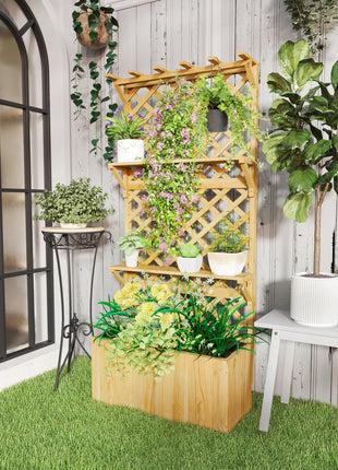Raised Garden Bed, Wooden Planter with Trellis, Hanging Roof, Plant Shelf, Drainage Holes and Bed Liner, Natural