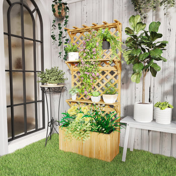 Raised Garden Bed, Wooden Planter with Trellis, Hanging Roof, Plant Shelf, Drainage Holes and Bed Liner, Natural