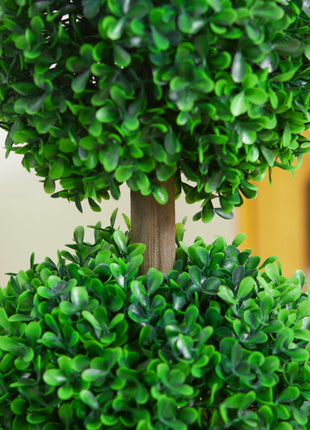 2 Pcs 23.6" Artificial Boxwood Ball Topiary Tree Set of 2 Fake Plants in Pot with Double Ball-Shaped Leaves Green