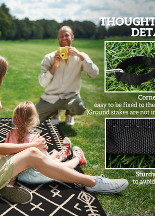 Reversible Outdoor Rug, Waterproof Plastic Straw with Carry Bag, 9' x 12', Black & Beige Rhombus