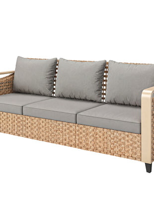 Rattan Wicker Sofa 3-Seater Outdoor Patio Sofa with Cushions for Garden Backyard Porch Gray