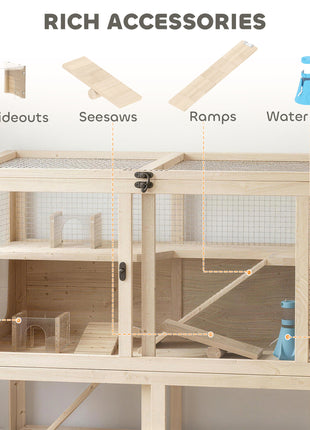 Wooden Hamster Cage, 4 Tier Small Animal Cage with Mesh Flip Roof, Pull-Out Tray, Huts, Seesaws, Ramps and Water Bottles