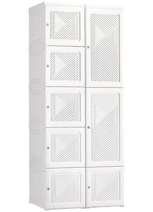 Portable Wardrobe Closet, Folding Bedroom Armoire, Clothes Storage Organizer with Cube Compartments, Hanging Rod, Magnet Doors, White