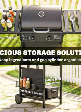 2 Burner Propane Gas Grill, 18000 BTU BBQ Grill with Wheels, Warming Rack, Shelf, Thermometer, Grease Cup, Black
