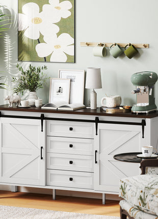 59" Buffet Cabinet, Farmhouse Sideboard with Thick Top, 2 Barn Doors, 4 Drawers and 2 Adjustable Shelves, White
