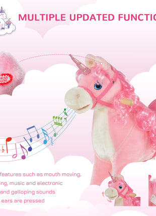 Kids Rocking Horse, Ride on Unicorn with Wooden Base, Tail Wag & Sounds for Toddlers 3-6 Years Old, Pink