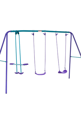 Metal Swing Set with Glider, Two S Seats and Adjustable Height, Outdoor Heavy Duty A-Frame Kids Playset Suitable for Playground, Backyard, Purple