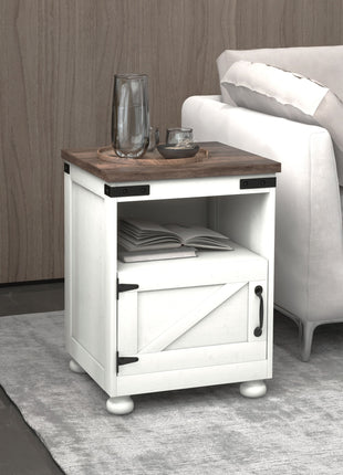 Side Table with Storage, End Table with Open Shelf, Cupboard and Wood Legs, Modern and Farmhouse Style, White