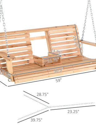 3-Seater Wooden Porch Swing, Patio Swing Bench with Folding Coffee Table, Cup Holders and Chains Included, 440lbs Weight Capacity, Natural