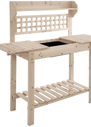 Outdoor Potting Bench Table, Wooden Workstation with Sliding Tabletop, Storage Shelf and Dry Sink, for Greenhouse, Garden, Patio, Natural