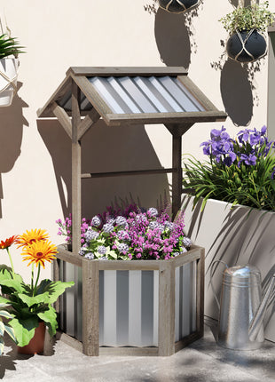 Wooden Wishing Well Planter, Raised Garden Bed with Galvanized Canopy, Hexagon Raised Flower Bed for Garden, Light Gray