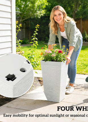 22.8 Inch Set of 3 Outdoor Planters with Stone Finish and Wheels, Stackable Tapered Planters with Drainage Hole, White