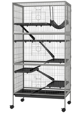 63" H Rolling Small Animal Cage with Hammock, Ferret Cage, Chinchilla Cage, Pet Habitat with 6 Doors, Removable Tray
