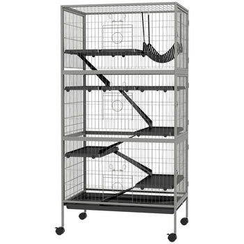 63" H Rolling Small Animal Cage with Hammock, Ferret Cage, Chinchilla Cage, Pet Habitat with 6 Doors, Removable Tray