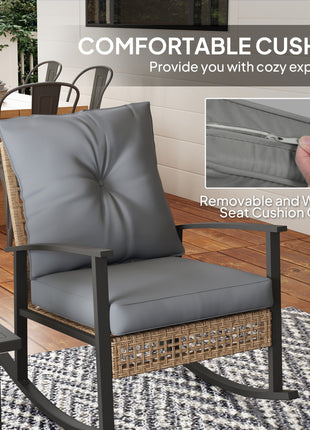 3 Pieces Bistro Set, Patio Wicker Furniture Set with Button Tufted Cushions, Rattan Rocking Chairs, Coffee Table, Gray