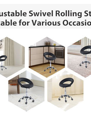 Crescent Rolling Salon Stool with Adjustable Height, Breathable Open Back, Foam Cushion Seat, and 5 Caster Wheels, Black