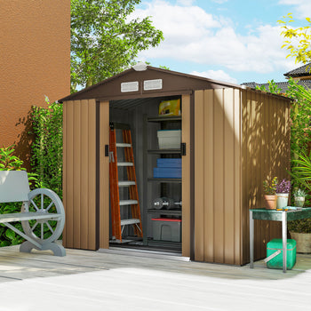 7' x 4' Outdoor Storage Shed, Garden Tool House w/ Foundation Kit Vents & Sliding Doors for Backyard Patio, Brown
