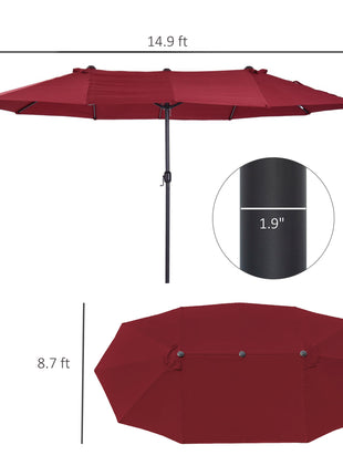 Extra Large 15 ft Patio Umbrella, Double-Sided Wide Outdoor Umbrella with Crank Handle and Air Vents for Backyard, Deck, Pool, Market, Wine Red