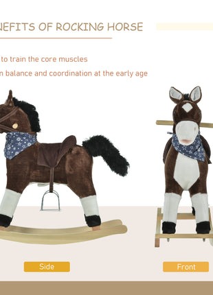 Kids Plush Ride-On Rocking Horse Toy Cowboy Rocker with Fun Realistic Sounds for Child 3-6 Years Old, Brown