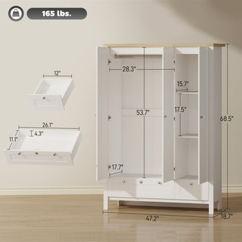 3 Doors Wardrobe Closet with 2 Drawers, Bedroom Armoire with Lockable Drawer, Hanging Rod and Storage Shelves, White