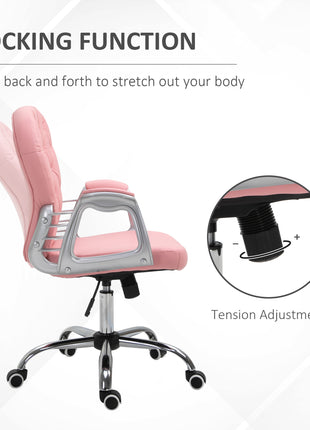 Makeup Vanity Chair, PU Leather Computer Task Chair with Button Tufted, Padded Armrests, Adjustable Height and Swivel Wheels, Pink