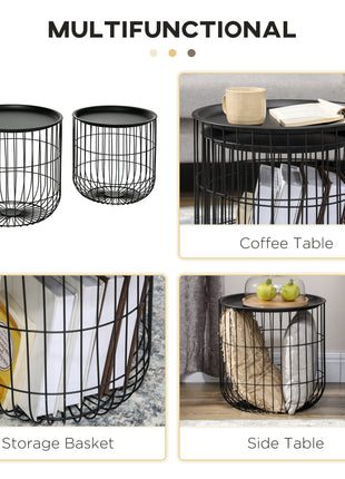 Coffee Table Set, Nest of Coffee Tables with Steel Wired Basket Body and Removable Top for Living Room, Black