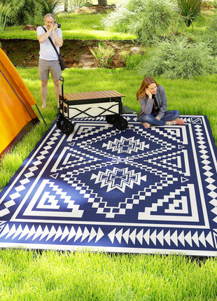 Reversible Outdoor Rug, Waterproof Plastic Straw with Carry Bag, 9' x 18', Blue & White Square Patchwork