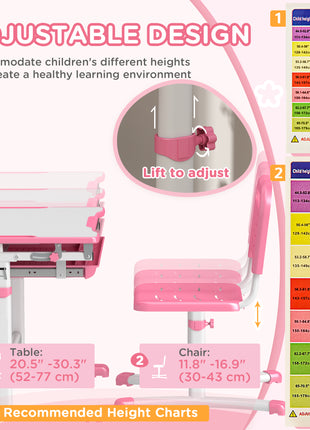 Height Adjustable Kids Desk and Chairs Set with Tilt Desktop, Storage Drawer, Pen Slot, Hook, Pink