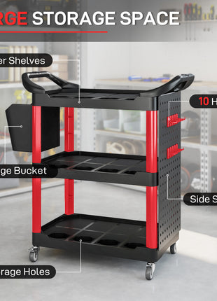 3-Tier Rolling Tool Cart, 200 LBS Capacity Plastic Utility Cart with Side Shelf and Storage Bucket, Black & Red