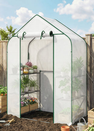 Greenhouse for Outdoors, Portable Greenhouse with 6 Shelves, UV-Resistant PE Cover, Roll-Up Door, White