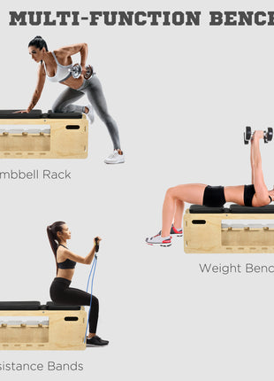 Wooden Workout Bench with Dumbbell Rack and Resistance Bands, Adjustable Incline Weight Bench for Home Gym