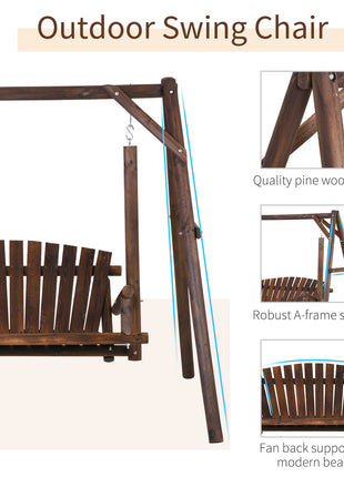 2-Seat Wooden Swing Bench, Ergonomic Design, 'A' Frame Construction, Stable and Non-Slip, Solid Wood Frame Log Garden Swing, for Outdoor and Indoor, Brown
