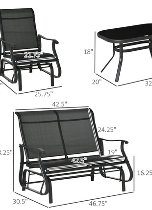 4 Pieces Gliders Set, Outdoor Furniture Sets with 2-Person Glider Patio Bench, Single Sling Chair and Glass Coffee Table for Backyard, Lawn and Garden, Black