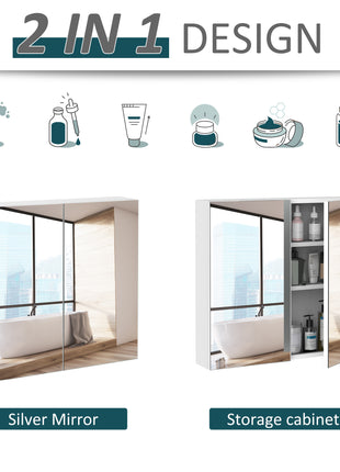 Bathroom Mirrored Cabinet, 24"x22" Steel Frame Medicine Cabinet, Wall-Mounted Storage Organizer with Double Doors, White