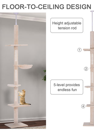 102" Adjustable Height Floor to Ceiling Cat Tree, 5 Level Cat Tower with Scratching Posts, Hammock, Beige