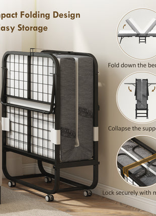 Folding Bed with Mattress for Adults, Single Size, Portable Foldable Bed with Memory Foam Mattress & Steel Frame, White