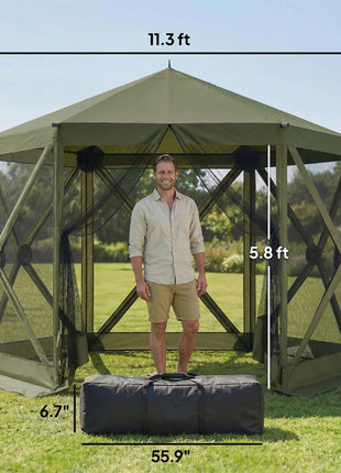 10 x 11 ft Pop Up Gazebo Screen Tent, Portable Instant Camping Canopy Screen House with Nettings, Carry Bag, Dark Green