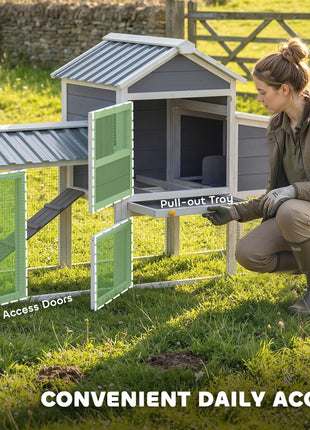 Chicken Coop with Wheels, 80" L Mobile Hen House with Run, Outdoor Wooden Chicken House with Nesting Box, Tray, Ramp
