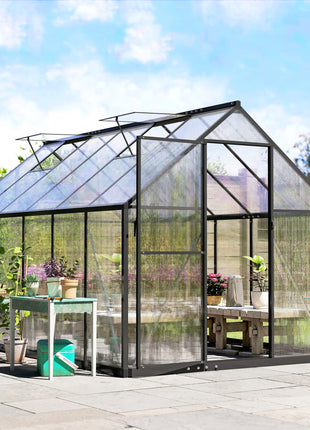 Polycarbonate Greenhouse with Swing Door and Two Adjustable Roof Vents, Aluminum Walk-in Greenhouse, 11x6 ft, Black