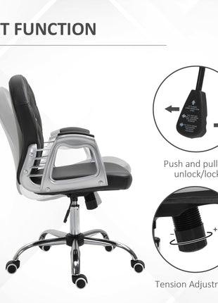 Makeup Vanity Chair, PU Leather Computer Task Chair with Button Tufted, Padded Armrests, Adjustable Height and Swivel Wheels, Black