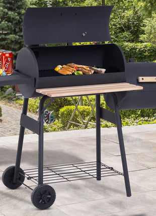Charcoal BBQ, Portable Grill with Wheels, All-in-One Grill, Side vent, Two Shelves and Metal Grating, Lit-Mounted Thermometer, Wooden Handle, for Outdoor Cooking, Black