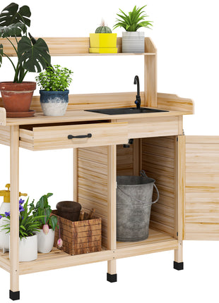 Potting Bench Table with Removable Sink, Outdoor Work Bench Table with Storage Cabinet, Hooks, Faucet and Drawer for Greenhouse, Garden, Patio, Natural Wood