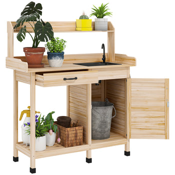 Potting Bench Table with Removable Sink, Outdoor Work Bench Table with Storage Cabinet, Hooks, Faucet and Drawer for Greenhouse, Garden, Patio, Natural Wood