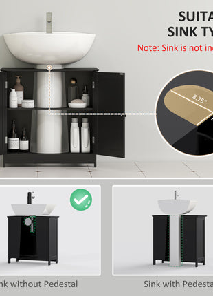 Under Sink Bathroom Cabinet, Pedestal Sink Storage Cabinet with 2 Doors, Shelf and U-Shape, Black